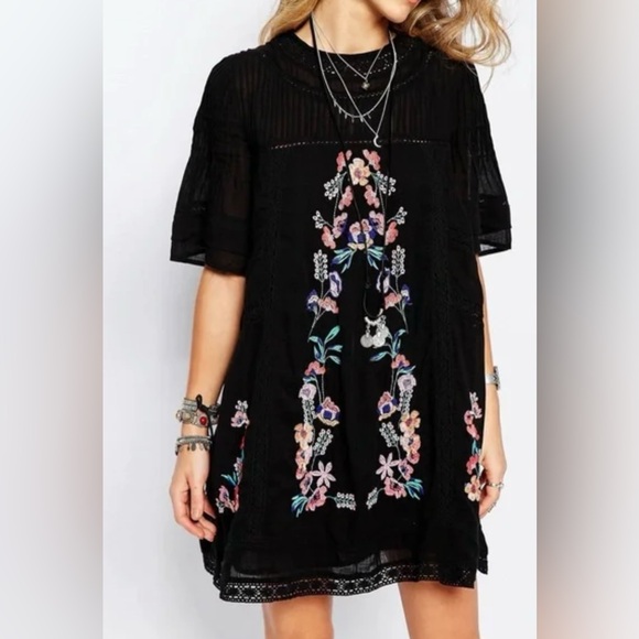 Free People Perfectly Victorian Embroidered Boho Festival Mini Shift‎ Dress XS - Picture 3 of 16